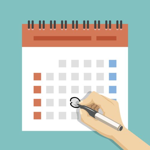 Hand with pen mark calendar. US version with week started on Sunday. Important event. Modern flat design concept for web banners, web sites, printed materials, infographics. Flat vector illustration