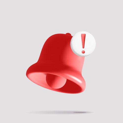 Red danger alert notification bell symbol 3d realistic vector design. Warning notice icon with exclamation sign isolates on white background. Social media important or security urgency concept.